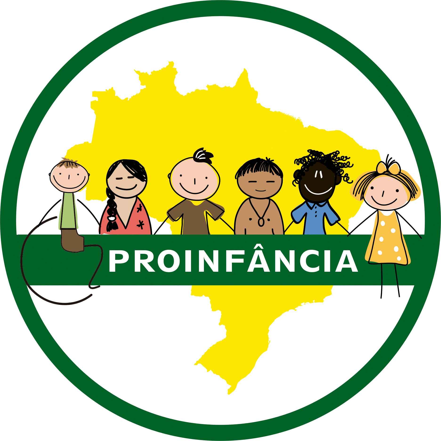 Logo do Proinfância - desenho de seis crianças com diversidade de etnias e gênero. Mapa do Brasil ao fundo em amarelo.